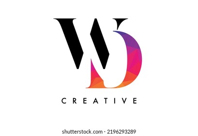 WD Letter Design with Creative Cut and Colorful Rainbow Texture. DW Letter Icon Vector Logo with Serif Font and Minimalist Style.