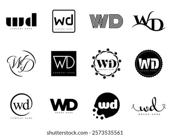 WD logo company template. Letter w and d logotype. Set different classic serif lettering and modern bold text with design elements. Initial font typography. Collection trendy business identity.