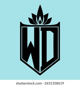 WD Logo featuring a minimalist design with a crown-like flower symbol on top, bold black elements, and a soft blue background, perfect for branding and modern visual identity.