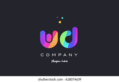 wd w d  creative rainbow green orange blue purple magenta pink artistic alphabet company letter logo design vector icon template