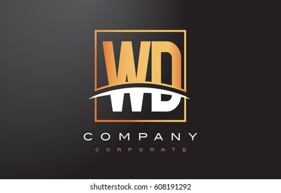 WD W D Golden Letter Logo Design with Swoosh and Rectangle Square Box Vector Design.