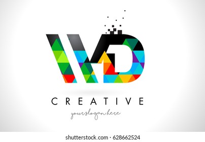 WD W D Letter Logo with Colorful Vivid Triangles Texture Design Vector Illustration.