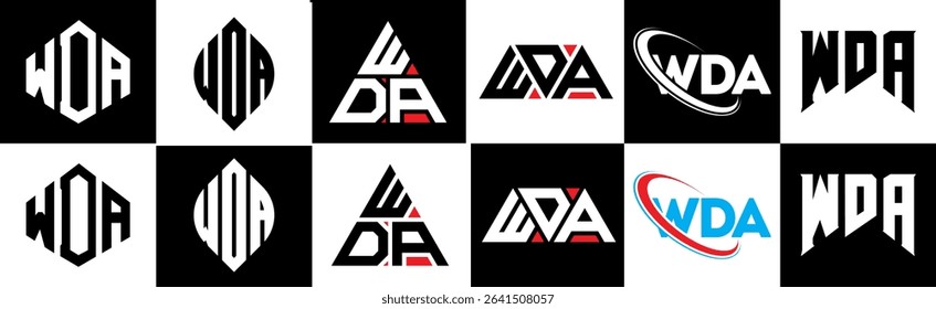 WDA letter logo design in six style. WDA polygon, circle, triangle, hexagon, flat and simple style with black and white color variation letter logo set in one artboard. WDA minimalist and classic logo