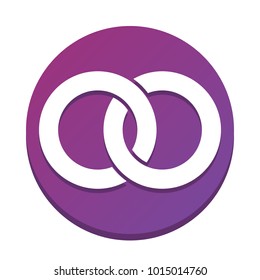 Wdding rings sign illustration. Vector. White icon with flat shadow on purpureus circle at white background. Isolated.