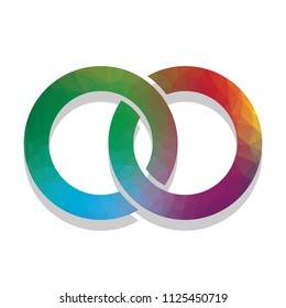 Wdding rings sign illustration. Vector. Colorful icon with bright texture of mosaic with soft shadow on white background. Isolated.