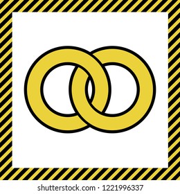 Wdding rings sign illustration. Vector. Warm yellow icon with black contour in frame named as under construction at white background. Isolated.