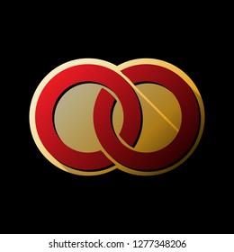 Wdding rings sign illustration. Vector. Red icon with small black and limitless shadows at golden sticker on black background.
