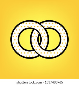Wdding rings sign illustration. Vector. Yellow polka dot white icon with black contour at warm yellow background.