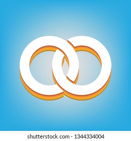 Wdding rings sign illustration. Vector. White icon with 3d warm-colored gradient body at sky blue background.