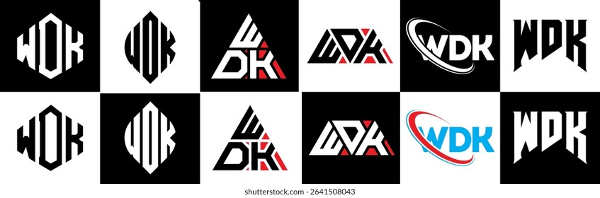 WDK letter logo design in six style. WDK polygon, circle, triangle, hexagon, flat and simple style with black and white color variation letter logo set in one artboard. WDK minimalist and classic logo