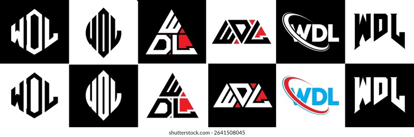 WDL letter logo design in six style. WDL polygon, circle, triangle, hexagon, flat and simple style with black and white color variation letter logo set in one artboard. WDL minimalist and classic logo