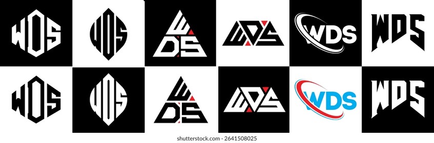 WDS letter logo design in six style. WDS polygon, circle, triangle, hexagon, flat and simple style with black and white color variation letter logo set in one artboard. WDS minimalist and classic logo