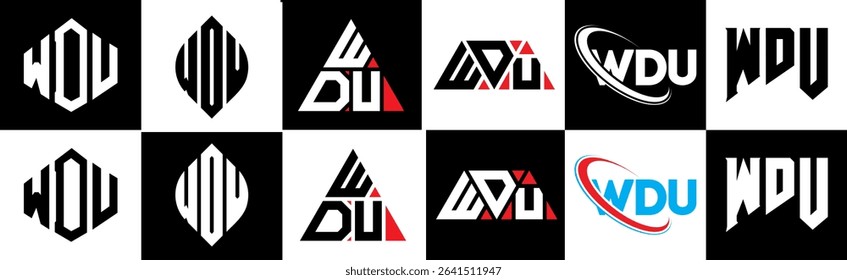 WDU letter logo design in six style. WDU polygon, circle, triangle, hexagon, flat and simple style with black and white color variation letter logo set in one artboard. WDU minimalist and classic logo