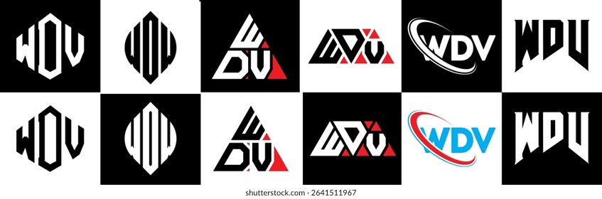 WDV letter logo design in six style. WDV polygon, circle, triangle, hexagon, flat and simple style with black and white color variation letter logo set in one artboard. WDV minimalist and classic logo