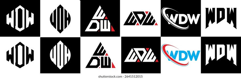 WDW letter logo design in six style. WDW polygon, circle, triangle, hexagon, flat and simple style with black and white color variation letter logo set in one artboard. WDW minimalist and classic logo