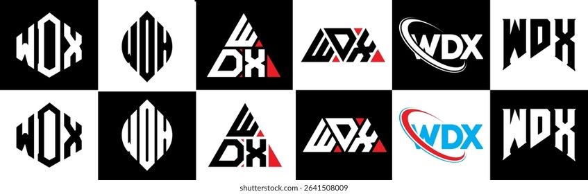 WDX letter logo design in six style. WDX polygon, circle, triangle, hexagon, flat and simple style with black and white color variation letter logo set in one artboard. WDX minimalist and classic logo