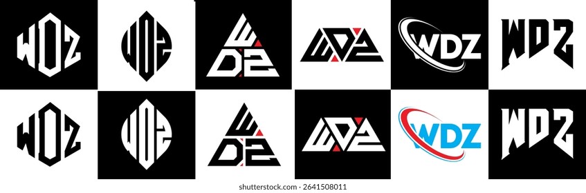 WDZ letter logo design in six style. WDZ polygon, circle, triangle, hexagon, flat and simple style with black and white color variation letter logo set in one artboard. WDZ minimalist and classic logo