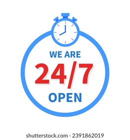 Wir sind 24 7 offene Ikone. Flat, blau, Timer Icon, 24 7 Icon, wir sind 24 7 geöffnet. Vektorsymbol