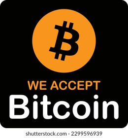 Aceptamos Bitcoin. Aceptamos el pago en moneda criptográfica BTC en esta tienda. Signo de vector plano.
