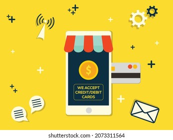 We accept credit card notification display sign vector illustration. 
