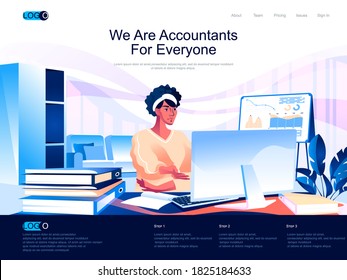 We are Accountants for everyone isometric landing page. Business accounting, financial audit isometry website page. Accountant at workplace web concept, vector illustration with people character.