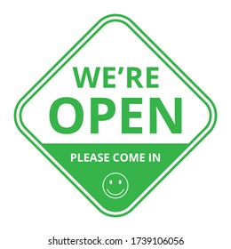 We are again open, an information banner for greeting customers, for business, opening a store, cafe, restaurant, barbershop, after quarantine