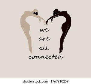 we are all connected.Black Lives Matter. African American  woman in black t-shirts stand one by one. Tolerance and no racism concept. Protest Banner about Human Right of Black People. Cartoon 