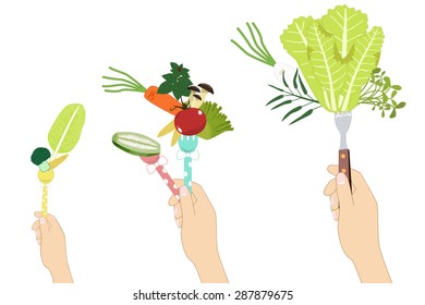 We all eat vegetables. Vegetables on fork with hand. Food concept you are what you eat. Every body eat vegetables. Vector Illustration