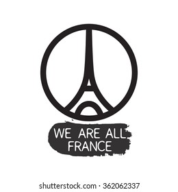 We are all France slogan for travel agency brand with logo of Eiffel tower isolated on a white background. Tourist concept of the famous area in France.