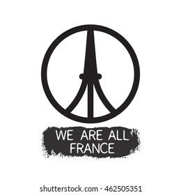 We are all France slogan for travel agency brand with logo of Eiffel tower isolated on a white background. Tourist concept of the famous area in France.