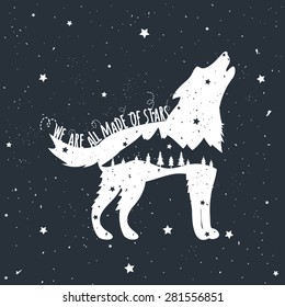 Todos estamos hechos de estrellas. Cartel inspirador de época dibujado a mano. Ilustración vectorial con lobos, montañas y árboles abultados. Ilustración inspiradora de estilo hipster