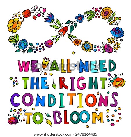 We all need the right conditions to bloom. Diversity of human minds and experiences. Vertical poster, banner. Hand-drawn editable vector illustration isolated on a white background