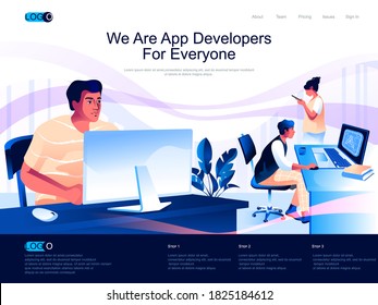 We are App Developers for everyone isometric landing page. Design, engineering and programming isometry website page. Developer at workplace web concept, vector illustration with people characters.