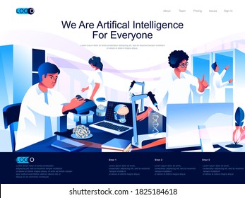 We are Artificial Intelligence for everyone isometric landing page. Machine learning, smart technology isometry website page. Scientists working in lab, vector illustration with people characters.