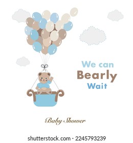 We can bearly wait text with teddy bear and a lot of balloons