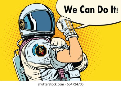 We Can Do It Astronaut. Cosmonaut Gesture. Pop Art Retro Vector Illustration