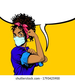 We Can Do It black african woman in medical mask retro poster. Cartoon vintage girl with pink bow in pop art style. Empty speech bubble for text. Black pop art woman isolated on yellow background.