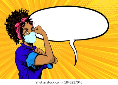 We Can Do It black african woman in medical mask retro poster. Cartoon vintage girl with pink bow in pop art style. Empty speech bubble for text. Black pop art woman on yellow rsdial background.