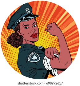 We Can Do It Black Police Woman African American. Pop Art Avatar Character Round Icon. Retro Vector Illustration