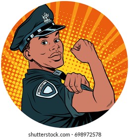 we can do it black policeman African American pop art avatar character round icon. retro vector illustration
