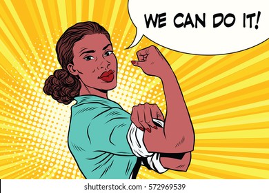 we can do it black woman feminism and protest. Vintage pop art retro vector illustration. Human rights, political activism