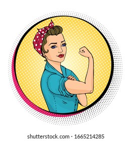 We Can Do It comic woman. Pop art sexy strong girl in a circle on white background. Classical american symbol of female power, women rights, feminism. Vector colorful illustration in retro style.