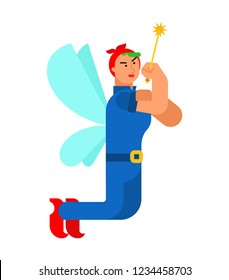 We can do it Fairy. Magical power female. Tiny creature with wings. Flying Mythical fabulous character and magic wand
