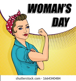 We Can Do It girl. Womens symbol of female power, woman rights, feminism or protest. Doodle cartoon character in comic style.