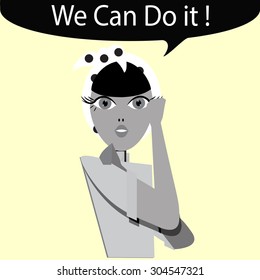  we can do it, black and white illustration over color background