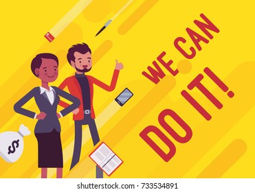 We can do it. Business motivation poster. Young office workers, entrepreneur encourages staff to give their best. Vector flat style cartoon illustration on yellow background