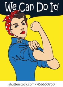 We Can Do It. Cool vector iconic woman's fist symbol of female power and industry. cartoon woman with can do attitude. Isolated lineart eps 10