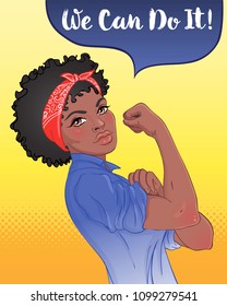 We can do it! Design inspired by classic feminist poster.  Woman empowerment. Vector Illustration in cartoon style. African American girl with her fist raised up. International women day concept.