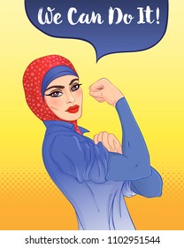 We can do it! Design inspired by classic vintage feminist poster.  Woman empowerment. Vector Illustration in cartoon style. Muslim hijab girl with her fist raised up. International women day concept