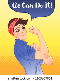 We can do it! Design inspired by classic vintage feminist poster.  Woman empowerment. Vector Illustration in cartoon style. Girl with short hair her fist raised up. International women day concept.